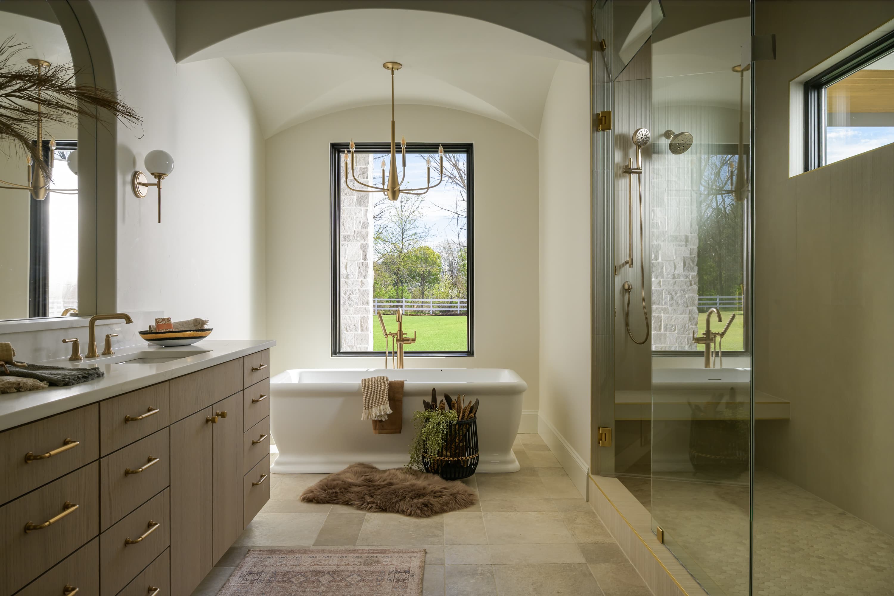 Stone-look porcelain bathroom with vaulted ceiling — Superior Stone Boise